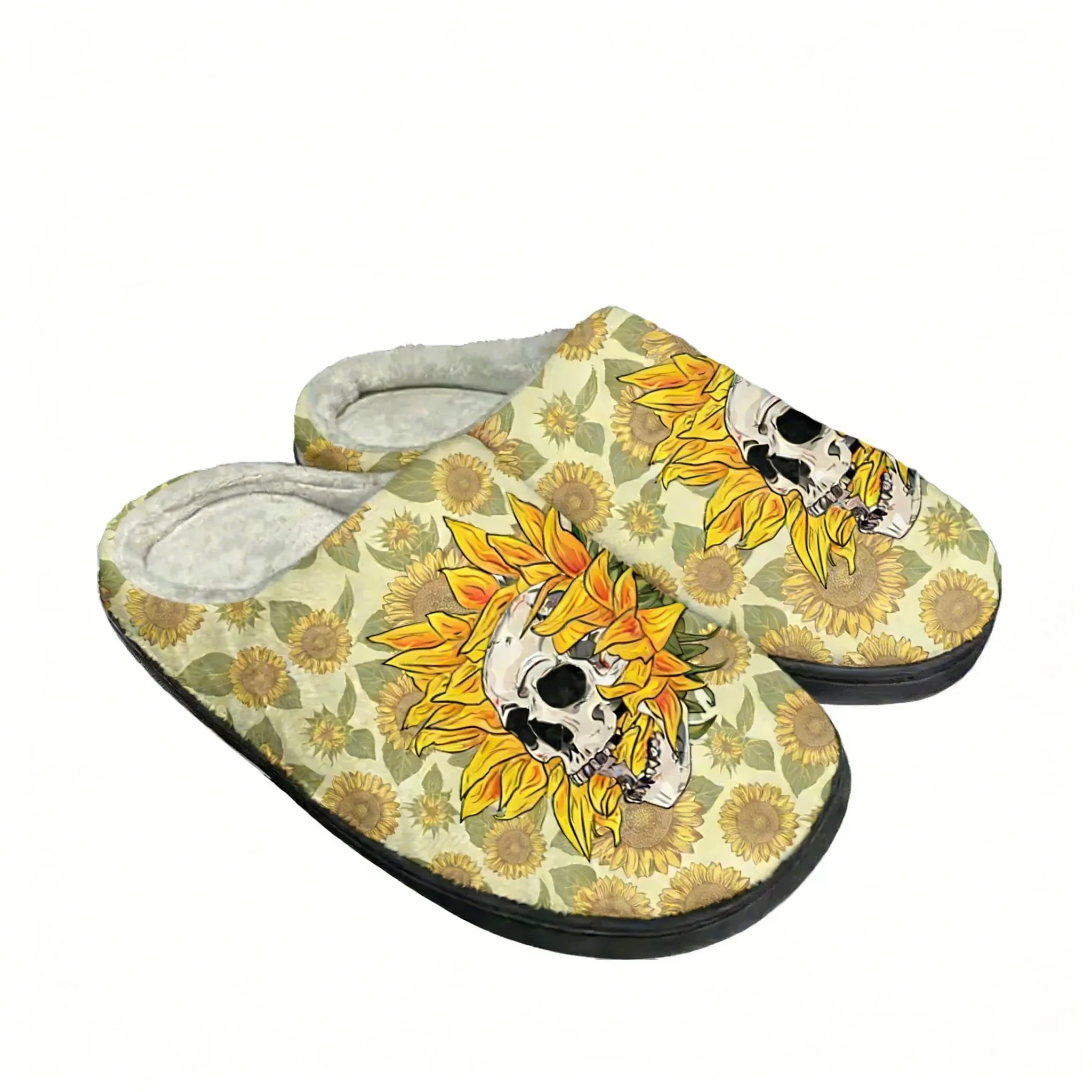 Men Shoes Designer - รองเท้าแตะผ้าฝ้ายลายหัวกะโหลกดอกทานตะวันสำหรับบุรุษและสตรี รองเท้าแตะในห้องนอนแบบนุ่มสบาย ช่วยรักษาความอบอุ่น รองเท้าแตะกันหนาวแบบปรับแต่งได้ ดีไซน์เฉพาะตัว